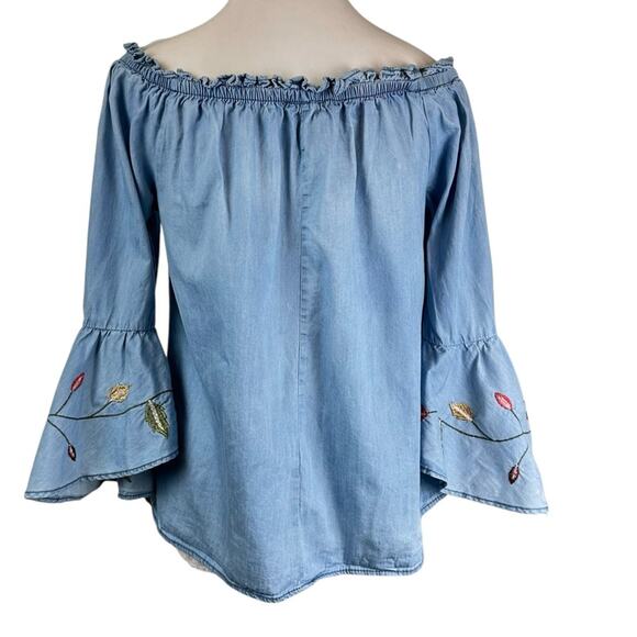 Speed Limit Mph Blue Off-Shoulder Embroidered Ruffle Sleeve Top Size M Cotton - Picture 6 of 9
